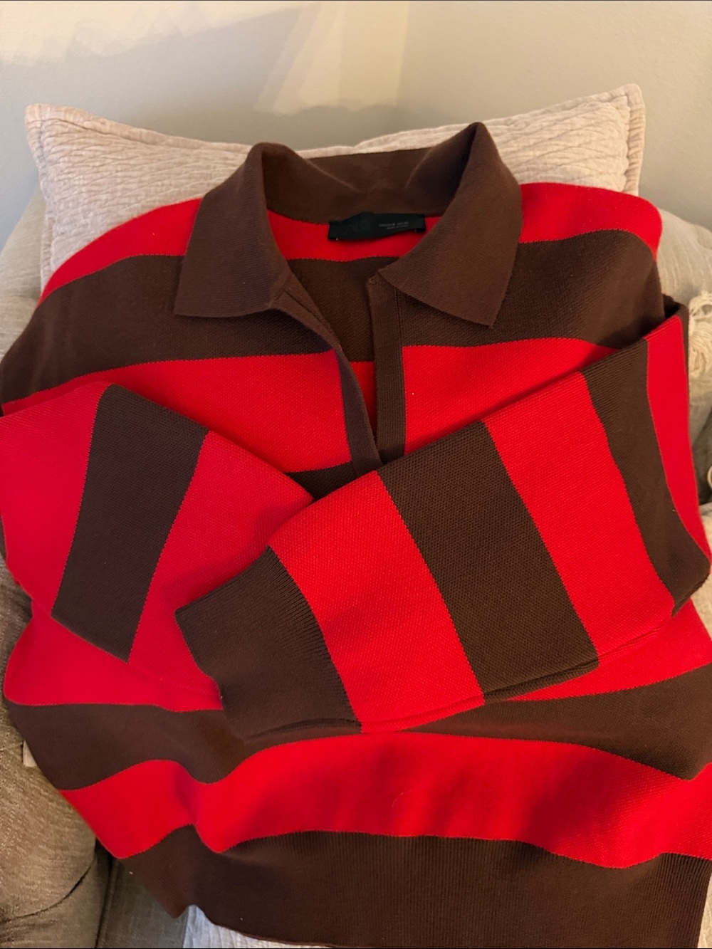 Zara Men's Red and Brown Striped V-Neck Polo Sweater